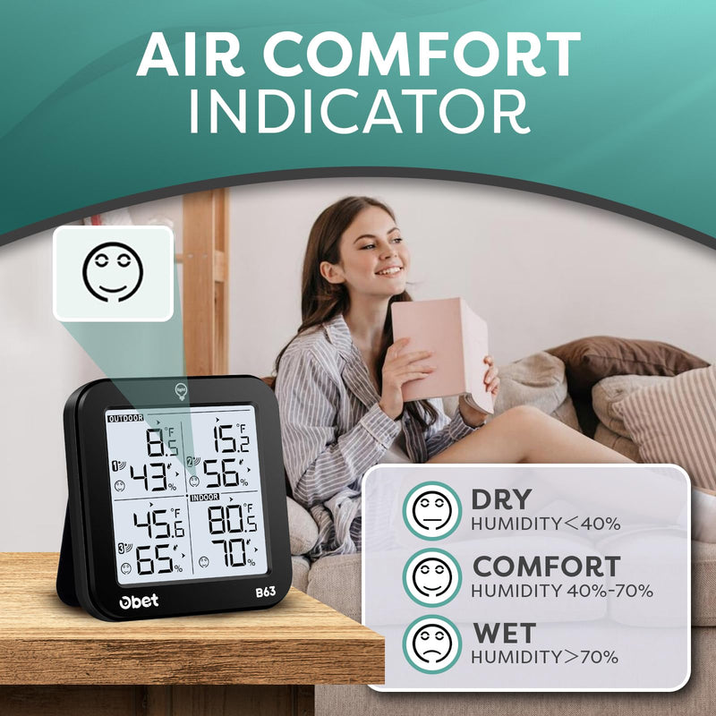 OBET Indoor Outdoor Thermometer Wireless Weather Station with 3 Sensors, Digital Hygrometer Remote Thermometer, Thermometer Temperature Humidity Monitor with Adjustable Backlight, USB Port (500 Feet) Black