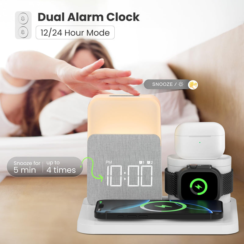 Alarm Clock Charging Station for Bedrooms, 7 in 1 Wireless Charging Station, Magnetic Charger with Night Light Bedside Clock for iPhone 17 16 15 14 13 12 Pro Max, Apple Watch, AirPods (White) White