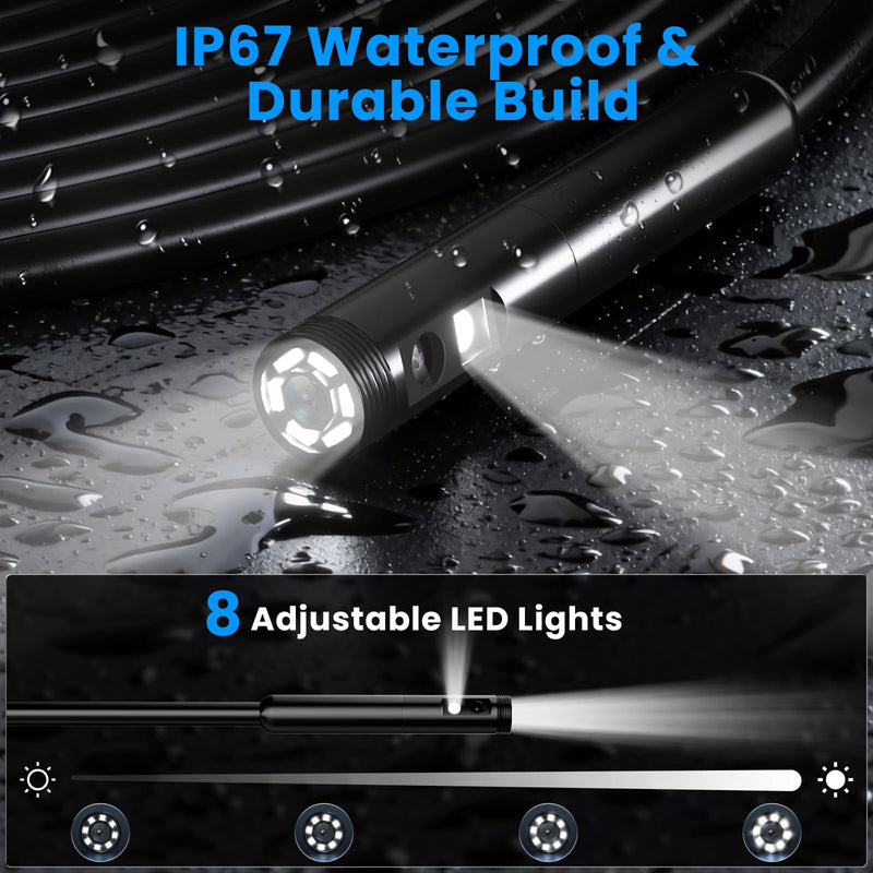 KIRFEIHT Endoscope Camera with Light, Dual Lens IP67 Waterproof Industrial Borescope with 32GB Card, Detachable 16.4FT Semi-Rigid Snake Cord, Android & PC Compatible for Plumbing HVAC Automotive Dual-Lens