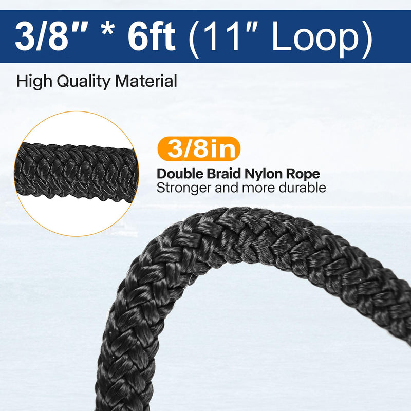 3/8" X 6ft Boat Dock Lines, Double-Braided Nylon Dock Line with 11" Eyelet. Boat Ropes Mooring Ropes, Boat Accessories for Yacht, Pontoon, Waverunner, Seadoo, Black 3/8" X 6ft 2 Pack