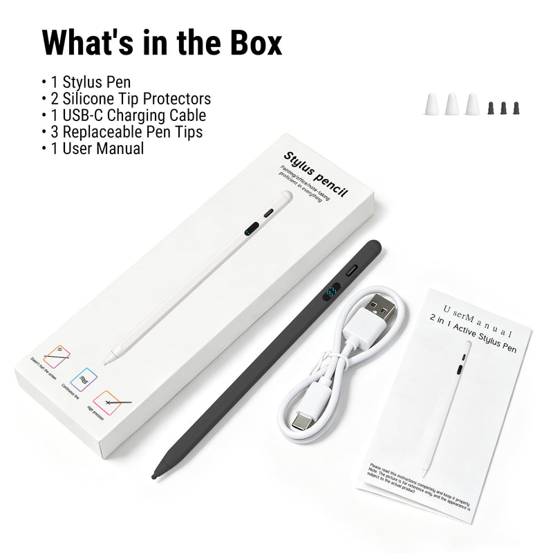 2-in-1 Stylus with LED Display | dual-mode active + capacitive, palm rejection, tilt, USB-C fast charge, no Bluetooth, 3 tips, for iPad iPhone Samsung Switch Black