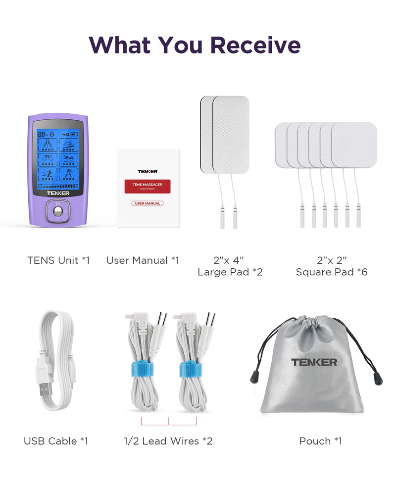 TENKER TENS Unit Muscle Stimulator, 24 Modes TENS EMS Machine for Shoulder, Sciatica, Back Pain Relief, Rechargeable Electronic Pulse Massager with 2"x2" and 2"x4" Electrode Pads A-purple