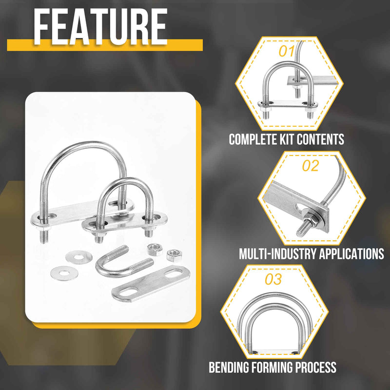 DTGN M10x51x85mm U Bolts Round Kit - 4Set - 304 Stainless Steel U-Bolt Kit with Nuts, Washers, Frame Plate - Good for Pipe, Trailer, Automotive, Leaf Spring Fastener 4