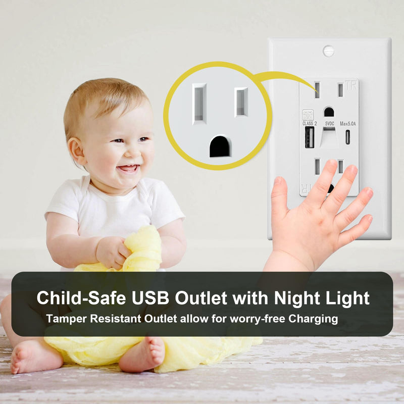 USB Outlet with Light, Modern 15A Standard Outlet with Night Light, USB Type A & Type-C Electrical Outlet with Light,Tamper Resistant(TR) Receptacle Outlet with LED Light-Easy to Install (4PCS, White) 4