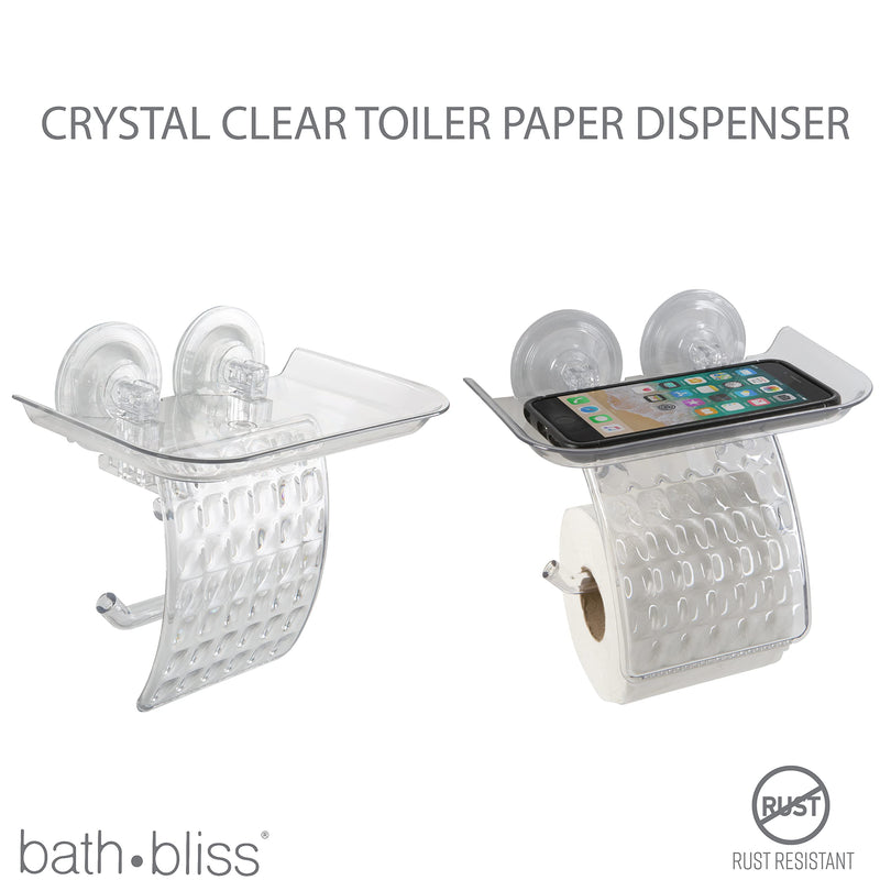 Bath Bliss Suction Cup Toilet Paper Dispenser | Power Lock Suction Mount | Phone and Wipes Holder Tray | Not Tools Required |Smooth Surfaces Only | Tile | Glass | Metal | Plastic | Bathroom | Clear Toilet Paper Dispenser (Pack of 2)