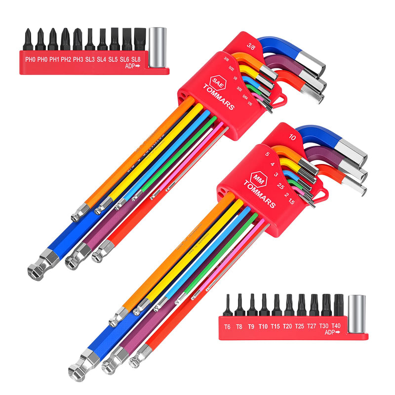 TOMMARS 40-PC Magnetic Ball End Allen Wrenches Set,Color Coded and Extra Long Arm Hex Key Set SAE(1/16''-3/8") Metric(1.5mm-10mm) With Screwdriver Bit Set and Adapter 18-PC Metric & SAE
