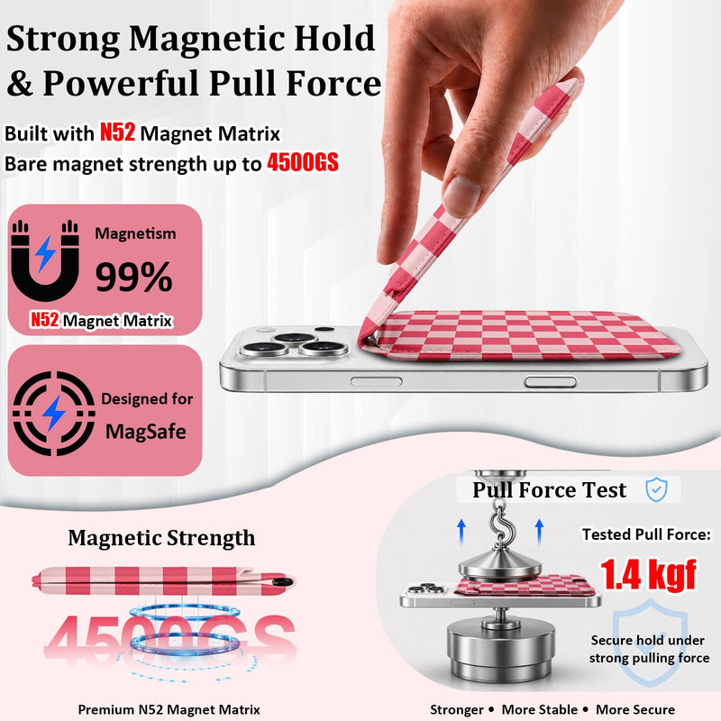 bolimoss Checkered for Magnetic Wallet with Makeup Mirror, Cute Leather Magnetic Card Holder for iPhone, Phone Wallet with 2 Card Slots & Adjustable Stand for iPhone 17/16/15/14/13/12 Series(Pink) Rose Red Checkerboard