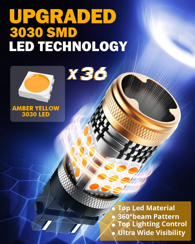 Auxbeam B21 Series 3157 LED Bulbs Amber Yellow Built in Resistor CANBUS Error Free Anti Hyper Flash 3457 4157 Bulb 600% Super Bright Turn Signal Light, Need Resistors for Some Trucks