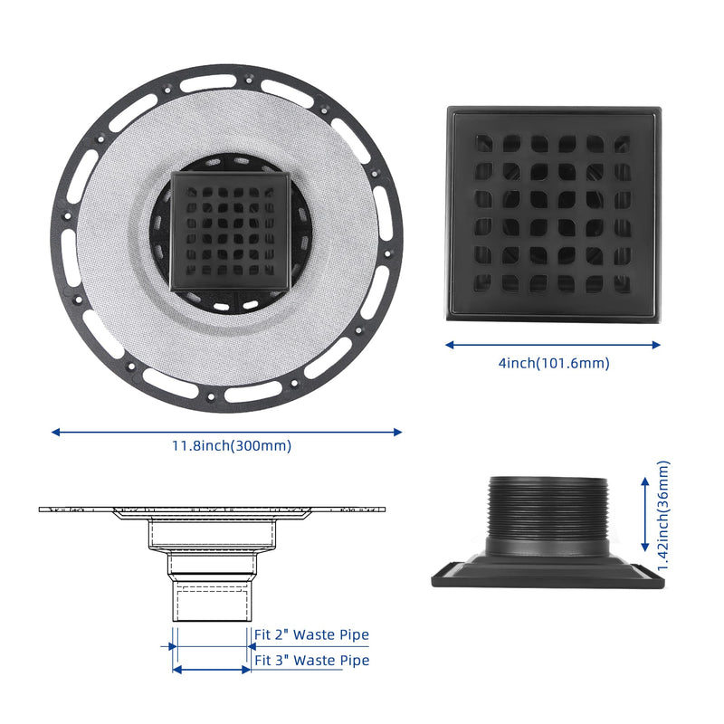 Square Shower Drain, 4-Inch Matte Black Kit with Bonding Flange, Removable Stainless Steel Grate & Hair Strainer, Fits 2" & 3" Pipes for Tiled Floors 4in-Black