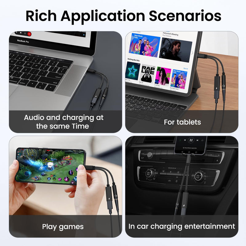 2 Pack USB C to 3.5mm Headphone and Charger Adapter, 2 in 1 Hi-Res 32bit/384kHz Aux to USB C with Safe PD 60W Fast Charging Dongle Cable for iPhone 17/16, Galaxy S26/S25, Google Pixel 10/9, and more Black-2 Pack