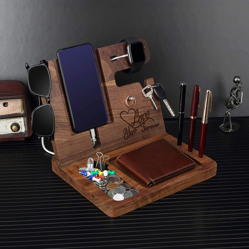Wood Phone Docking Station for Men Personalized - for Him Husband Boyfriend Birthday - Wooden Organizer Nightstand Organizer For husband/boyfriend
