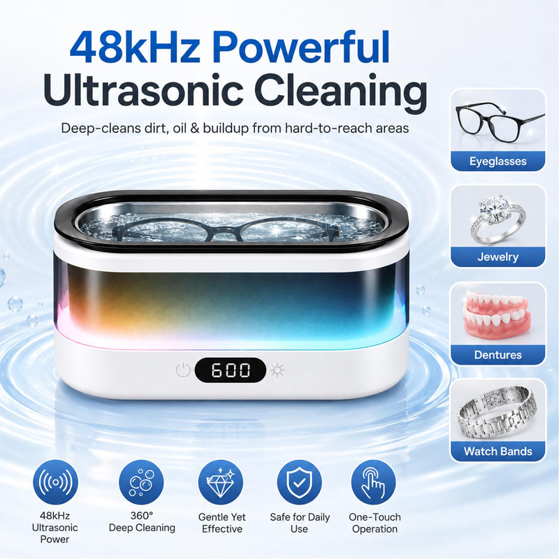 Ultrasonic Jewelry Cleaner Machine, 7-Color Flowing LED Light, 48kHz Sonic Cleaner for Jewelry, Glasses, Retainers, Dentures, 304 Stainless Steel Tank, Digital Timer, Dual Cleaning Modes - White