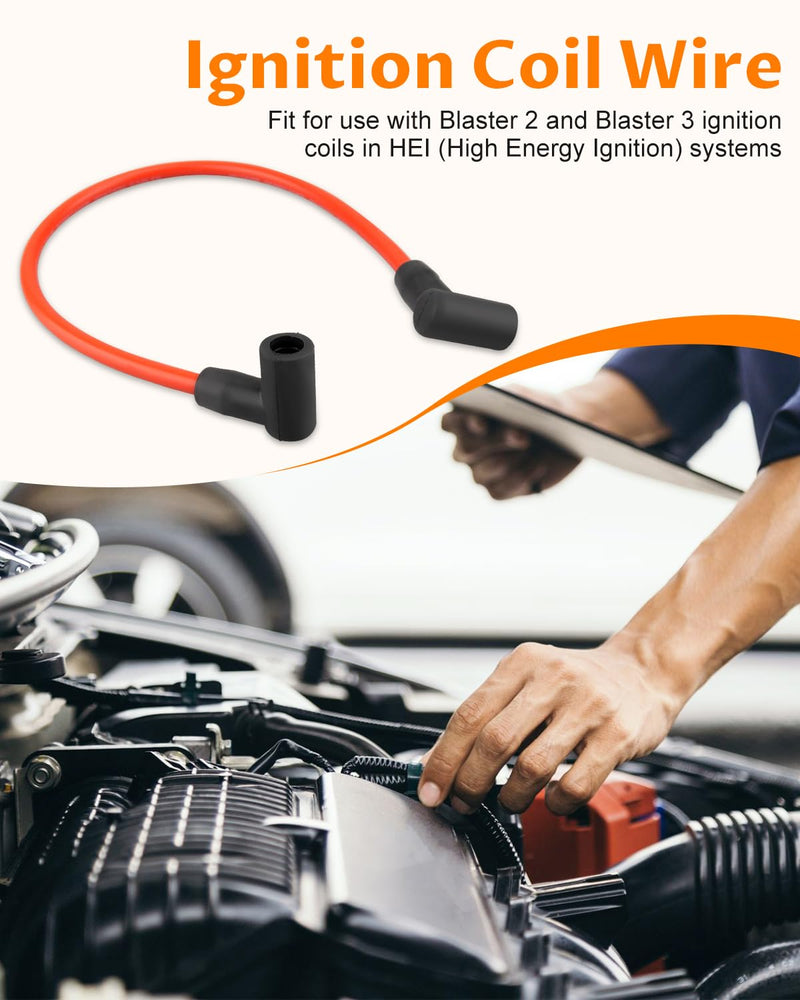 Ignition Coil Wire Fit for use with Blaster 2 and Blaster 3 Ignition coils in HEI Systems, 8.5mm Silicone Red Wire, Low Resistance, 90° Boot, Replace 84059