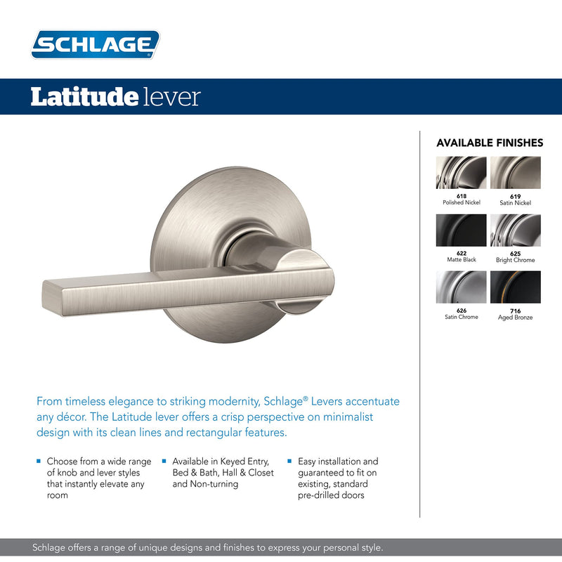 Schlage F40 V LAT 622 Latitude Door Lever, Bed & Bath Privacy Lock, Matte Black Standard