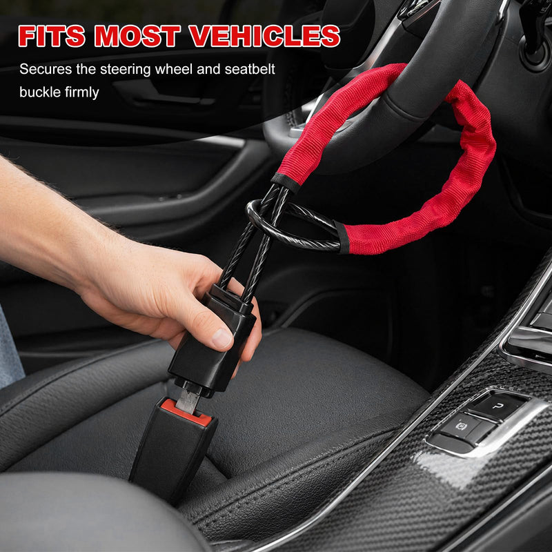 Steering Wheel and Seat Belt Lock, Compact & Lightweight Car Theft Prevention with 3 Multi-Function Keys, Anti-Theft Steering Wheel Safety Belt Lock for Car Truck SUV Van (Red) Red
