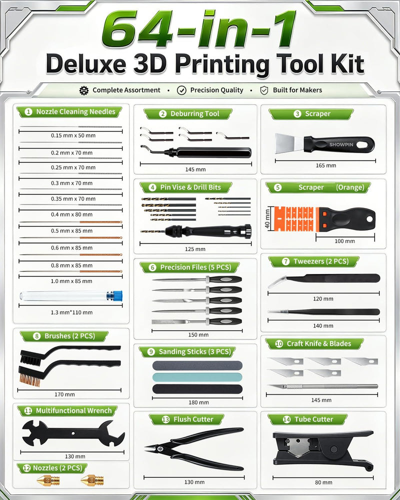 SHOWPIN 64PCS 3D Printer Tools: 3D Printer Accessories & Printing Tools Kit for Nozzle Cleaning & Model Finishing, Deburring Tool, Tube Cutter, Hand Drill & Sanding Tools with Case
