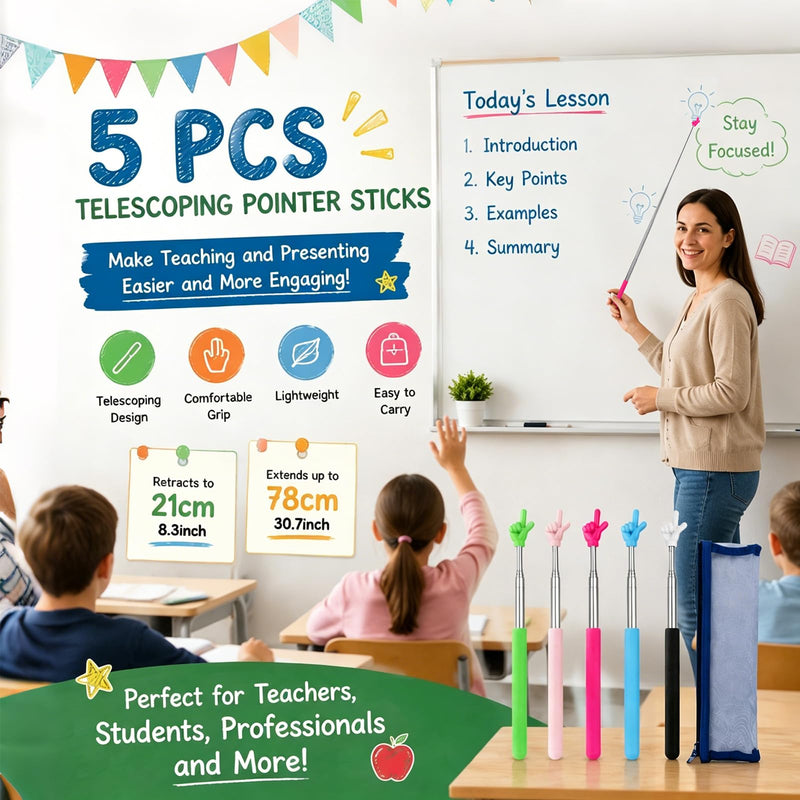 5pcs 30.7" Pointer Finger Stick for Teacher&Classroom, Teacher Must Have | with Pouch, Extendable Hand Pointer Finger, Classroom Essentials - Finger Pointer for School, Vlogging, Group Work, Reading