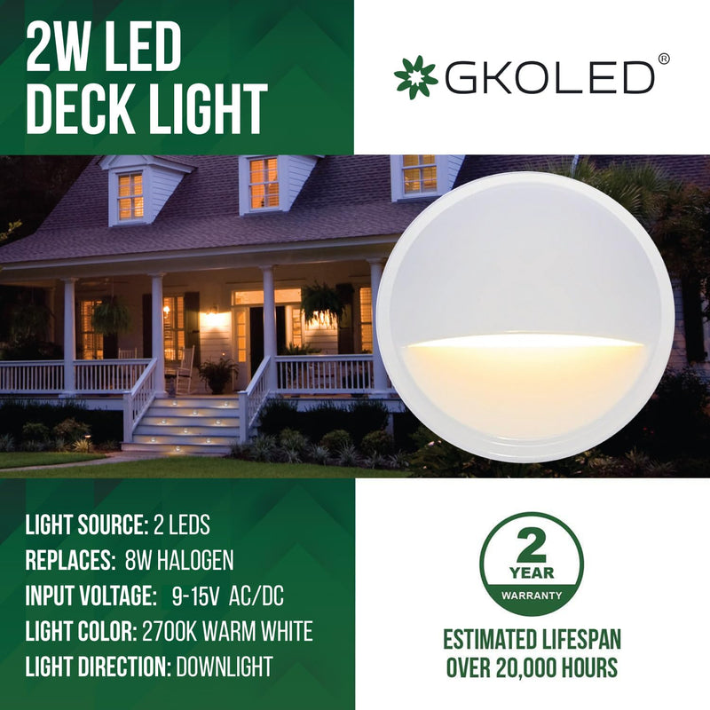 GKOLED Low Voltage LED Deck Light, Landscape Step Stair Railing Lights with 2W Integrated LED Chips, Die-cast Aluminum 12V AC/DC Accent Lighting Fixtures with White Powder Coated Finish, Pack of 4 2700K-4 Pack