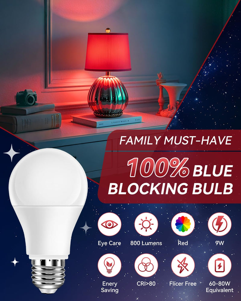 Neporal 625nm Red Light Bulbs for Sleep 9W, 100% Blue Light Blocking Red Night Light, Sleep Light Bulb for Melatonin Promoting, A19 60W Equivalent Dim Light Bulbs for Bedroom, Baby Nursery,4 Packs 9w Red 4