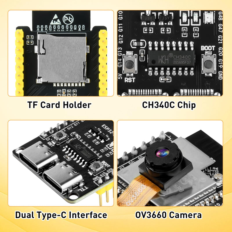 ESP32-S3-CAM Development Board with OV3660 Camera +Antenna, 16MB Flash 8MB PSRAM ESP32-S3 N16R8 Module with Dual USB-C WiFi BT MCU Microcontroller for IoT, MicroPython,DIY Projects and AI Project