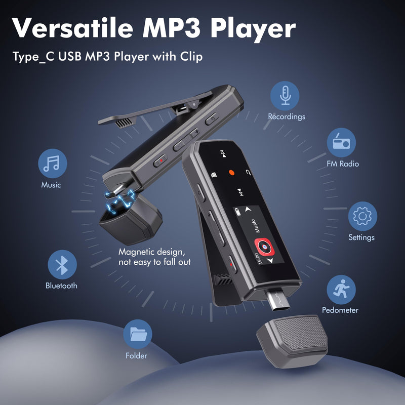 RUIZU 32GB USB-C MP3 Player with Bluetooth 5.3 & Clip for Sports Running | Portable Music Player with FM Radio, One-Button Voice Recorder, Digital Audio Shuffle Repeat, Mobile Phone File Transfer