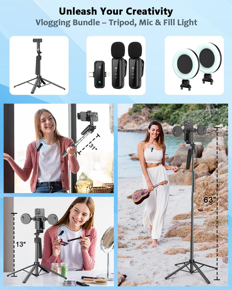 Vlogging Kit for iPhone/Android, 63”Auto Face Tracking Tripod for iPhone with Light, Wireless Microphones, Scrolling Remote Control for TikTok, Content Creator Kit for YouTube Starter Auto Face Tracking Tripod with Mic