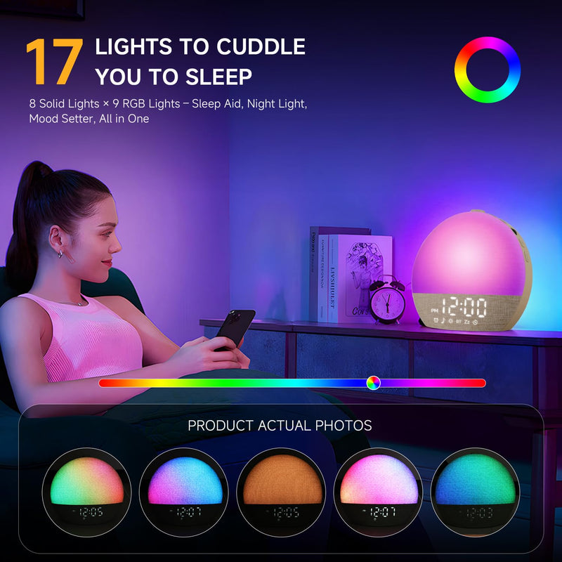 Sunrise Alarm Clock White Noise Sound Machine for Bedroom | Natural Wake-Up Light with 30 Soothing Sleep Aids, Bluetooth Speaker, Dimmable Clock, Screen-Free Design for Baby Adults Kids-Khaki Khaki