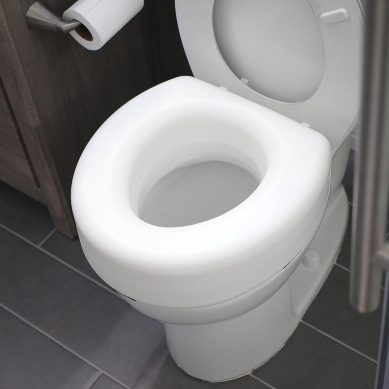 HealthSmart Enhanced Comfort 5" Raised (Round) Toilet Seat Risers for Seniors 5 Slip Resistant Pads FSA/HSA Eligible Padded Toilet Seat Elevation 15.7 x 15.2 x 6.1 New and Improved