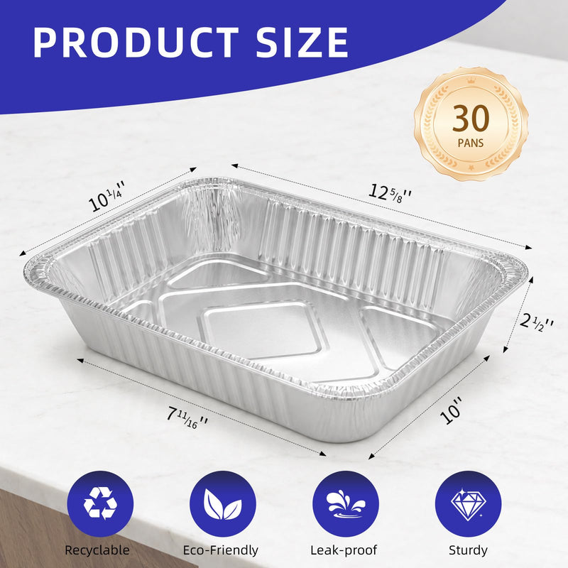 9x13 Aluminum Foil Pans 30 Pack - Heavy Duty Disposable Baking Pans, Leak-Proof Aluminum Trays for Cooking, Baking, Meal Prep, Storage - Oven, Freezer, Grill Safe, Half Size Foil Pans