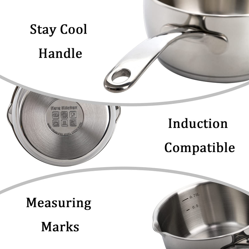 DEAYOU 18/10 Stainless Steel Butter Warmer Pan, 0.8-Quart Measuring Saucepan with Dual Pour Spout, Small Milk Butter Melting Pot, Induction Heavy Bottom Sauce Pan for Stove Top, Soup, Chocolate, 25OZ