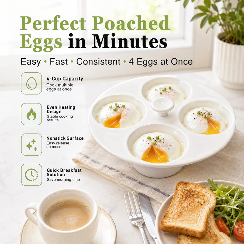 Ceramic Egg Poacher, 4-Cup Egg Poacher Pan Nonstick for Perfect Poached Eggs, Poached Egg Cooker Compatible with Most Pots, Stovetop Cooking, Easy-Clean Egg Cooker Poacher for Perfect Poached Eggs