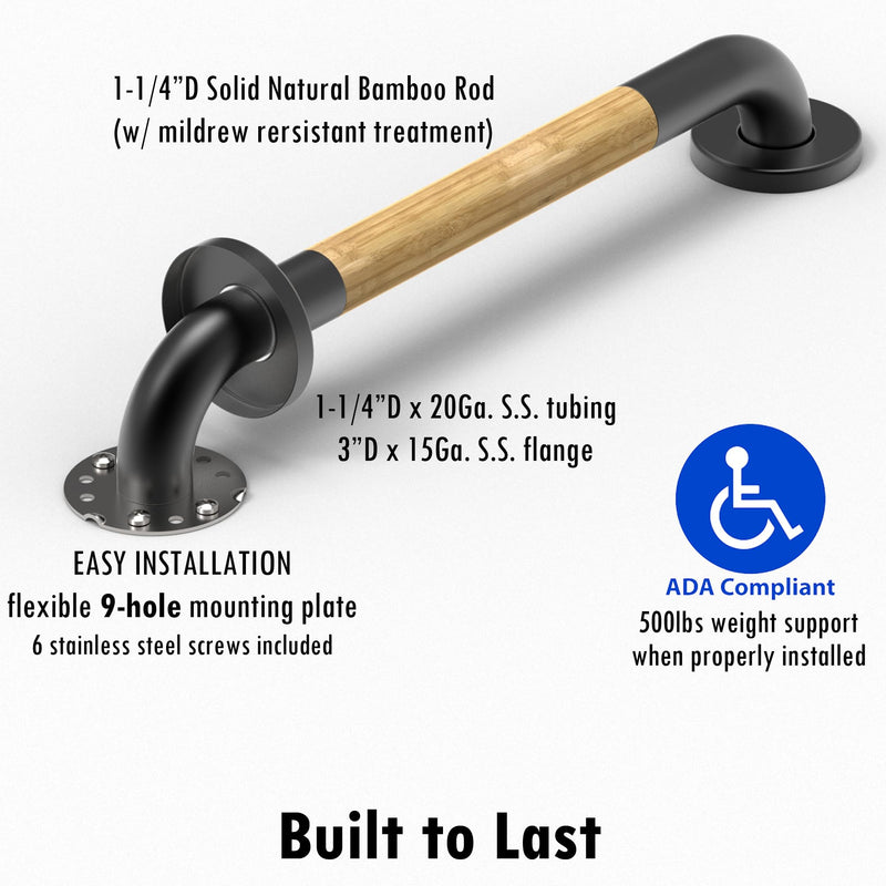 Safety Grab Bar for Bathroom & Toilet, Natural Bamboo Handle, ADA Compliant Balance Assist Handrail for Handicap and Seniors, 12in Matte Black