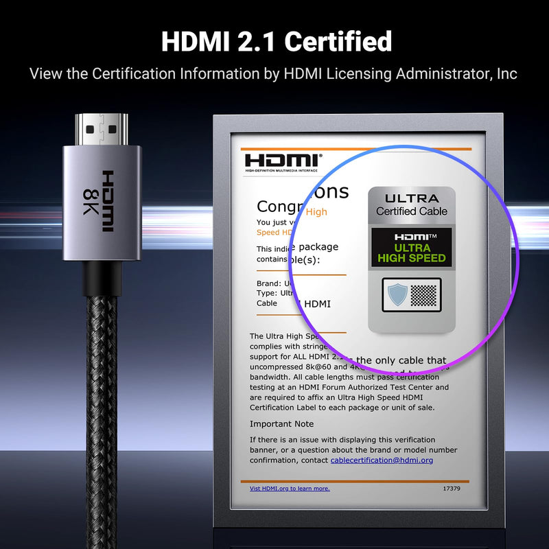 UGREEN 8K HDMI 2.1 Cable 48Gbps 16FT, Certified Ultra High Speed HDMI Cord Aluminum, 4K@240Hz 120Hz 10K 8K@60Hz, HDCP 2.2&2.3, eARC HDR 10 Dolby Compatible with PS5/Blu-ray/Roku TV/Switch 2/Mac mini