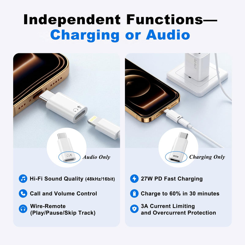 (New Combo) Lightning to USB C Adapter Compatible with iPhone 17/16/15 | 1×48kHz/16bit Hi-Fi Audio Headphone Adapter with Line Control + 1×27W Fast Charging Lightning to USBC Adapter with 3A Limit