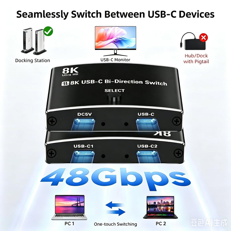 USB C Switch, Bi-Directional USB C Switcher 2 Computers, USB Type C KVM Switch 8K@60Hz 4K@120Hz Video/ 48Gbps Data Transfer, Compatible with Thunderbolt Device,2X USB-C Cables Included KVM-01