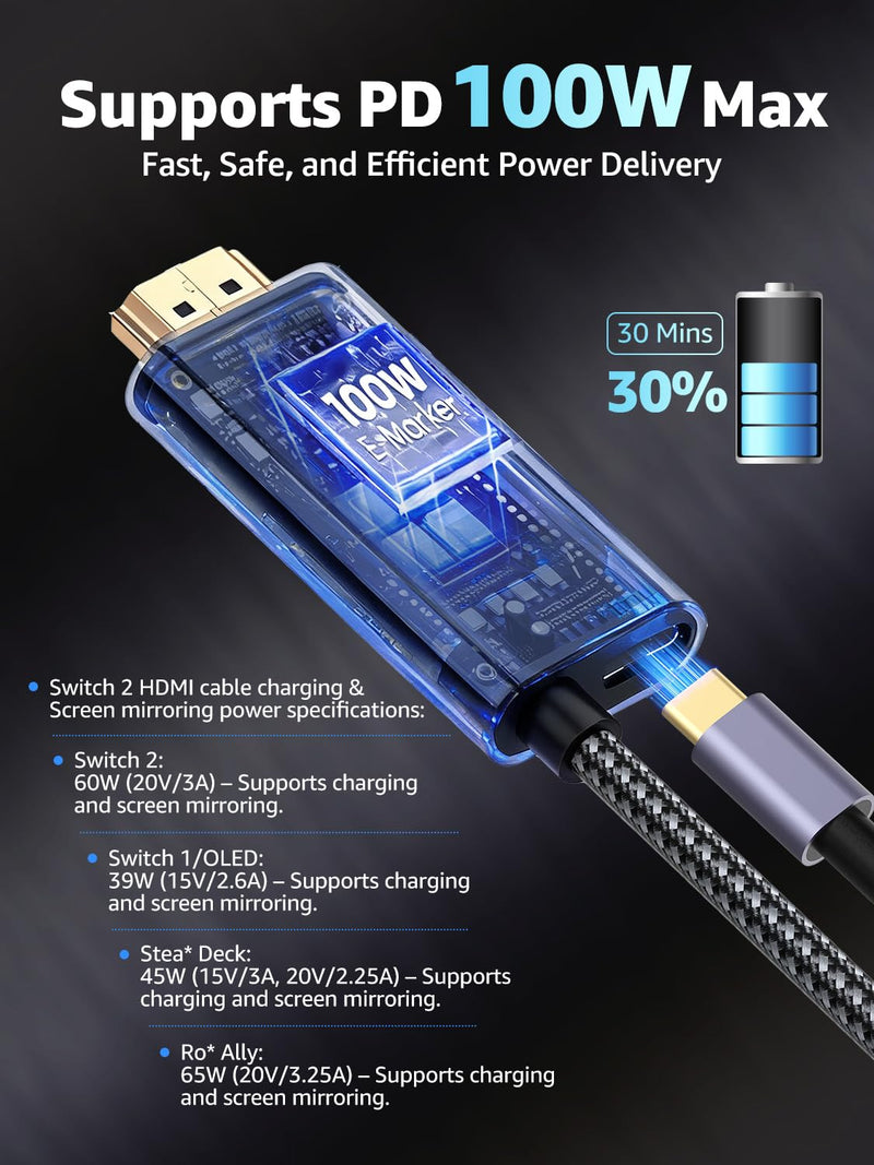 [V 22.5.0] Switch 2 Dock HDMI Cable 8K@60Hz 4K@240Hz/120Hz/60Hz,HDMI 2.1&48Gbps,100W PD USB C Charging,HDR10+,Portable&Travel TV Docking Station HDMI Adapter Compatible with Nintendo Switch 2/OLED/1 Grey