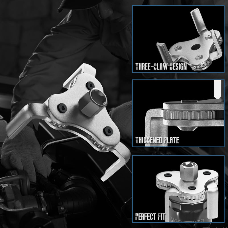 Universal Oil Filter Wrench Adjustable, from 2-1/2 inch to 4.5 inch 3 Jaw Oil Filter Removal Tool Set, Efficiency 2 Way Oil Filter Wrench Silver