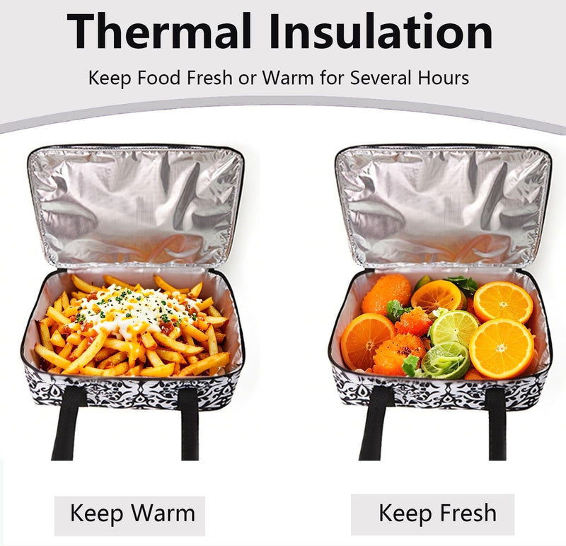 Insulated Casserole Carrier Bag - Portable Thermal Food Delivery Bag for 9x13/11x15 Inch Pan - Keep Meals Hot/Cold 4+ Hours for Catering, Festival Potlucks, Picnics, Family Gathings or Outdoor Events Black/White 16.53x 11.4x 4.7 in