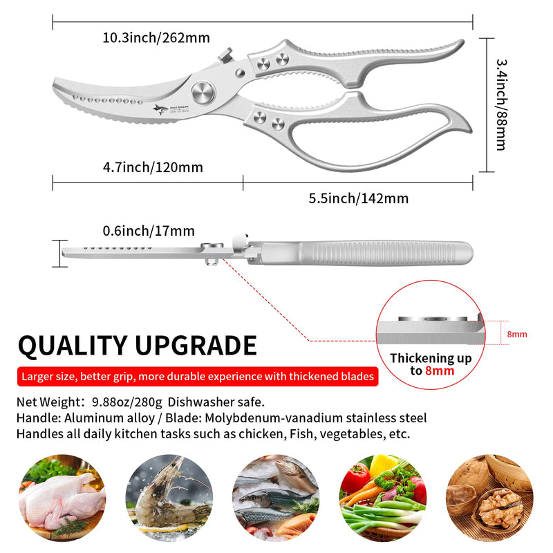 MAD SHARK Heavy Duty Poultry Shears, Kitchen Shears with Non-Slip Handle & Safety Lock, All Purpose Kitchen Scissors for Chicken, Meat Cutting, Turkey, Fish, Vegetables, Spring Loaded, Dishwasher Safe Silver