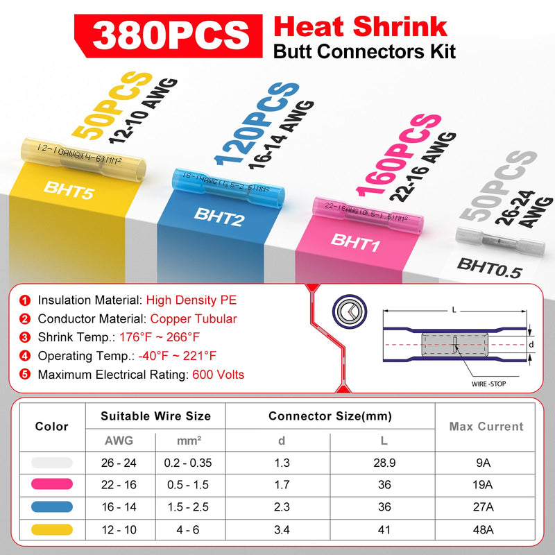 AIRIC Heat Shrink Butt Connectors Kit 26-10 AWG, 380 pcs Waterproof Crimp Splice Terminal, Marine Connector for 26,24,22,20,18,16,14,12,10 Gauge Wire, Wiring Crimps Terminals Red/Blue/Yellow/White