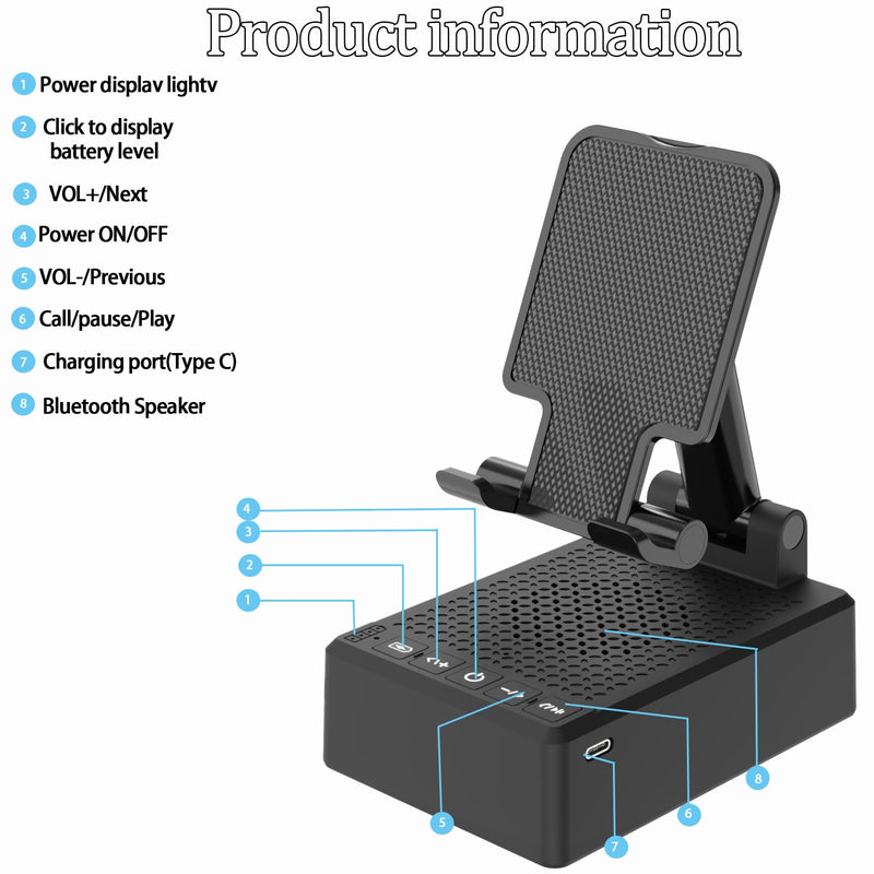 Cell Phone Stand with Wireless Bluetooth Speaker, Adjustable Angle,Foldable Stand HD Surround Sound for Home, Compatible with All iPhone/Android Phones, Cool Gadget Gift for Men Women Dad Mom Black
