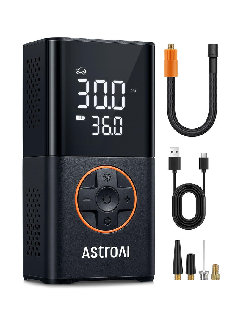 AstroAI L7 Tire Inflator Portable Air Compressor Cordless Bike Pump with Digital Dual Values Display, 150 PSI Car Tires Pump with LED Lights Air Pump for Cars, Motorcycles, Bikes, Balls Orange