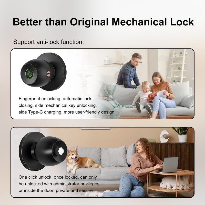 52HZ Fingerprint Door Knob with Lock, 3 in 1 Smart Finger Print Door Lock, Auto Lock, Tuya App Control & Key, Biometric Thumbprint Door Locks for Bedroom, Garage, Home & Office, Matte Black