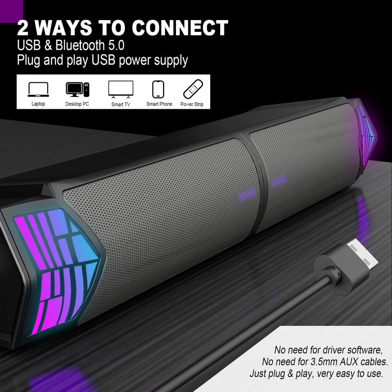 Smalody Computer Speakers for Desktop Gaming Monitor with RGB Lights, 2 in-1 Bluetooth PC Speakers Soundbar USB Powered, Can Be Split and Combined Freely 7070