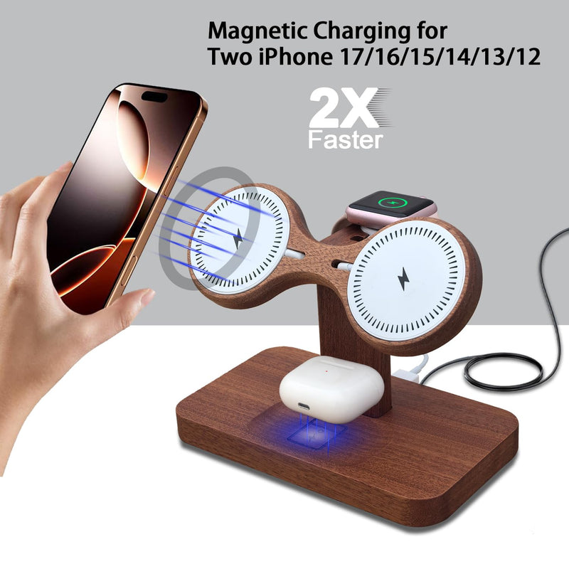 3 in 1 Wireless Charging Station for Apple Devices 24W Dual Phone Charging Station for 2 iPhone 17 16 15 14 13 12 Series iWatch 11 10 9 8 7 6 5 4 AirPod Magnetic Wireless Phone Charger Stand With Apple watch charger