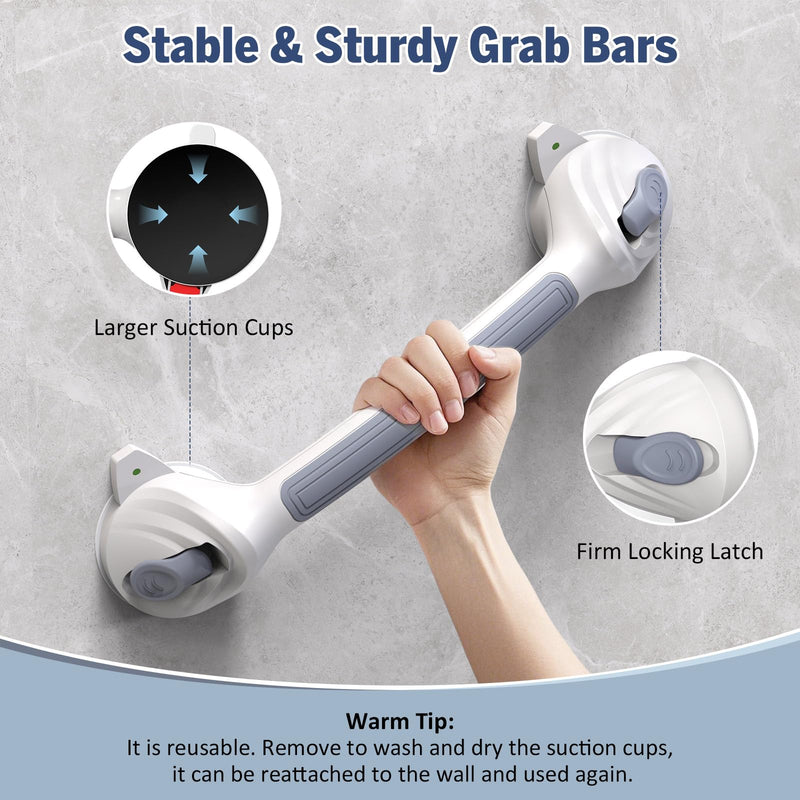 Grab Bars for Bathtub and Shower, 2 Pack Shower Handle with Strong Suction Cups, 16.8 Inch Bathroom Grab Bars for Seniors, Removable Shower Safety Handrail for Elderly, Drill Free, Waterproof 2 packs-Grey White