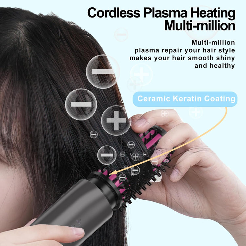 3 in 1 Cordless Hair Styler for Curling & Straightening, 40MM Thermal Brush Curling Wand with 4 Temperature Adjustable, Portable Travel Hot Brushes for Hair Styling (Rose) Rose