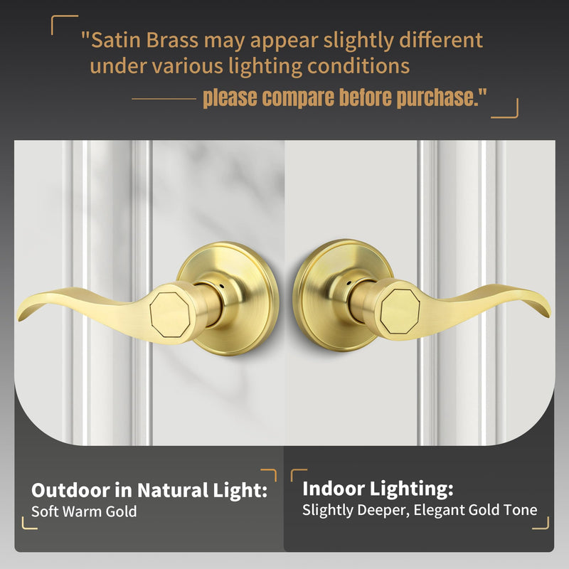 Brushed Gold Wave Style Passage Door Handle Without Keys, Non-Locking Door Lever for Hallway/Closet in Satin Brass Finish, No Lock Reversible Lever for Left/Right Doors 1 Pack Passage {Without Lock&Keys}