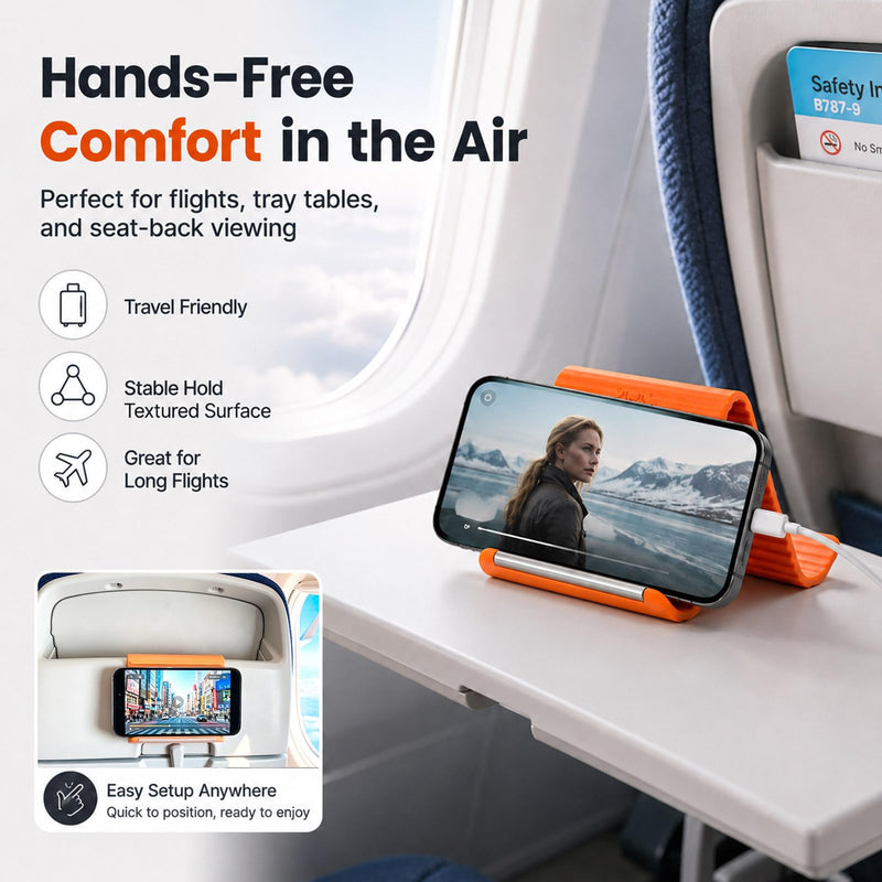 Airplane Phone Holder, Foldable Silicone Aluminum Phone Holder | Textured Non-Slip Surface Flexible Silicone Tablet Stand 0.12" Ultra-Thin Desktop Mount for Home Office Desk Travel Treadmill A-Orange-1PCS