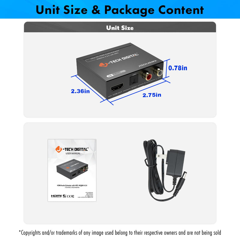 J-Tech Digital HDMI Audio Extractor 4K 60Hz & ARC Support, HDMI to RCA Optical Compatible with Dolby Digital DTS Stereo for Laptop Blu-Ray Gaming Consoles (JTECH-AE4KA) 4K 60Hz Audio ARC Extractor